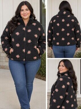 NWT Torrid Black Floral Sherpa Puffer Jacket Hipster Fleece 2X 18-20 Rose